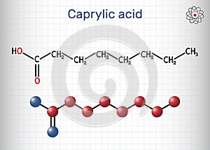 Caprylic acid, octanoic acid molecule. It is straight-chain saturated fatty and carboxylic acid. Salts are octanoates or