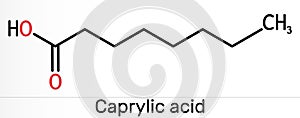 Caprylic acid, octanoic acid molecule. It is straight-chain saturated fatty and carboxylic acid. Salts are octanoates or