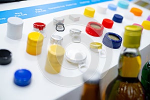 Caps packaging concept. Bottle caps and closures packaging design. Screw caps. Ring pull cap and composite cap. Various cap