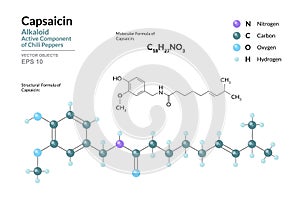 Capsaicin. Active Component of Chili Peppers. Structural Chemical Formula and Molecule 3d Model. C18H27NO3