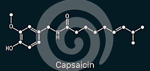 Capsaicin,  alkaloid, C18H27NO3 molecule. It is chili pepper extract with non-narcotic analgesic properties. Structural chemical photo