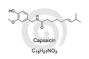 Capsaicin, active component in chili peppers, chemical formula and structure photo