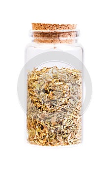 Capsella bursa-pastoris in a bottle with cork stopper for medical use.