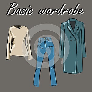 Capsule basic wardrobe for a woman. Minimalism. Fashion. Big cupboard. Wardrobe with a set of clothes on hangers and bags. Isolate
