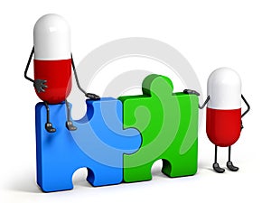 Capsule character with blue and red pieces of a puzzle, isolated white background, Golden puzzle, 3d illustration