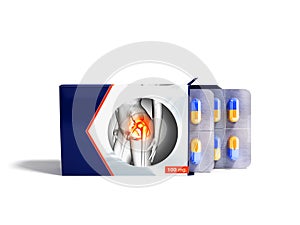 Tablets in a package two plates with capsules from joint pains blue 3d render on a white background photo