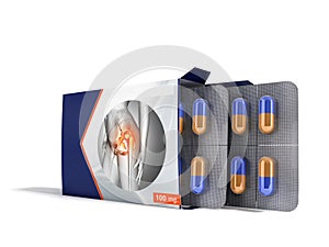 Pills in the package open two plates with capsules from pain joints blue 3d render on white background photo