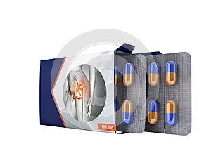 Tablets in a package open two plates with capsules from pain joints blue 3d render on white background no shadow photo