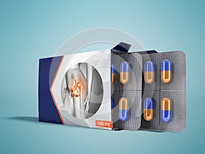 Pills in the package open two plates with capsules from pain joints blue 3d render on blue background photo