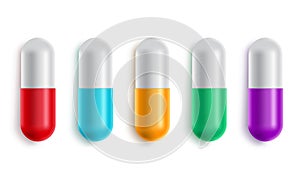 Capsule drug pill vector set. Tablet medicine in various colors for medical and pharmaceutical design elements