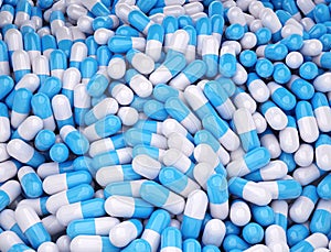 Capsule drug rblue and white color on white background. 3d render illustrations