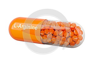 Capsule with L-Arginine, dietary supplement. 3D rendering