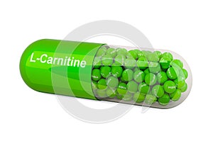 Capsule with L-Carnitine, dietary supplement. 3D rendering