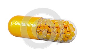 Capsule with L-Glutamine, dietary supplement. 3D rendering photo