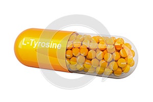 Capsule with L-Tyrosine, dietary supplement. 3D rendering