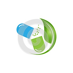 Capsule pharmacy medical logo template vector. Logo with nature or leaf with blue and green color. This logo is suitable for