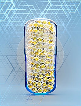 Capsule pill filled with DNA ribbons, on a metallic and decorative background