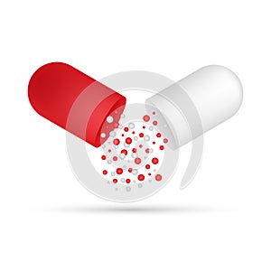 Capsule pill. Small balls pouring from an open medical capsule. Vector illustration. photo