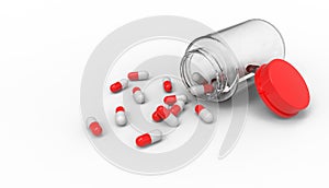 Capsule Pills ColorRed spilling out of pill bottle isolated on white background