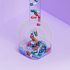 Capsule pills in glass on violet background, healthcare medical concept, antibiotics and cure, 3d render