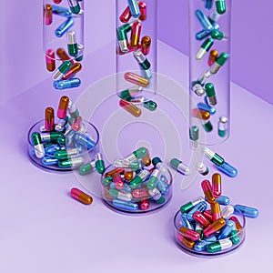 Capsule pills in glass on violet background, healthcare medical concept, antibiotics and cure, 3d render