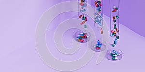 Capsule pills in glass on violet background, healthcare medical concept, antibiotics and cure, 3d render banner