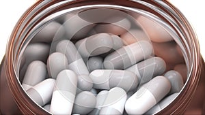 Capsule Pills Inside in a Open Transparent Brown Glass Jar on a Light Studio Background.