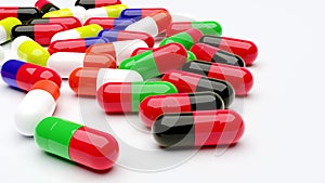 Capsule pills in many color 3d rendering, medicine concept, background