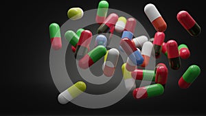 Capsule pills in many color 3d rendering, medicine concept, background