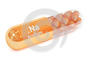 Capsule with sodium Na element Dietary supplement, 3D rendering