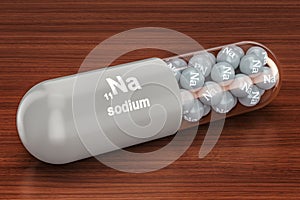 Capsule with sodium Na element on the wooden table. 3D rendering