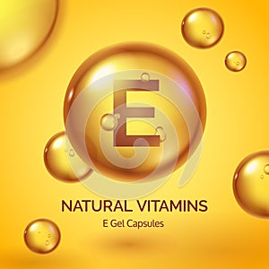 Capsule with vitamin E. Realistic gold pill. Cosmetic skin care product poster with oil drops and bubbles. Beauty and