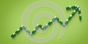 Capsules arranged in shape of upwards arrow isolated on pale green background