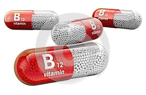 Capsules B12, vitamin cyanocobalamin. 3D rendering