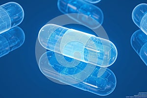Capsules exhibit advanced blue tech design elements, rendered three dimensionally
