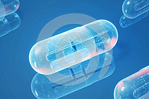 Capsules exhibit advanced blue tech design elements, rendered three dimensionally