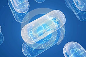 Capsules exhibit advanced blue tech design elements, rendered three dimensionally