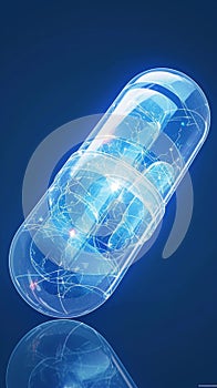 Capsules exhibit advanced blue tech design elements, rendered three dimensionally