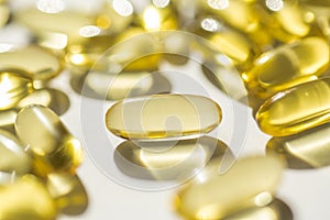 Capsules of fish fat oil vitamin for heart, omega 3, macro