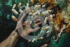 Capsules float from a hand in water, representing the elusive nature of health in avitaminosis, medicine