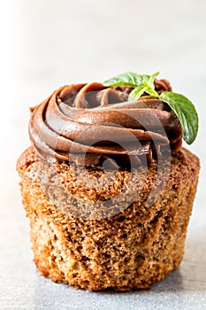 Chocolate cupcake with chocolate cream in white capsules with mint