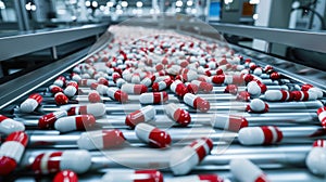 The red and white capsules on conveyor. AI generated