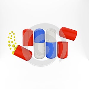 Capsules pills chemistry healthy and medicine antibiotic. 3D Rendering.