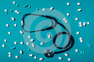 Capsules, tablets and stethoscope