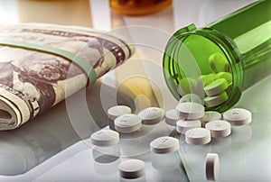 Capsules up ticket dollar, concept of health copay