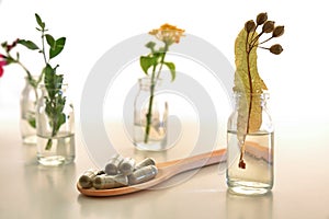 Capsules and vials with plants inside natural medicine concept front