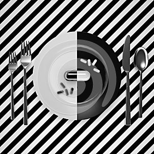 Capsules vitamins, tablets, supplements and a plate with cutlery in a geometric monochrome black and white design.