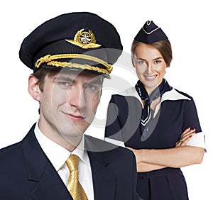 Captain of the aircraft and a beautiful flight attendant in a da