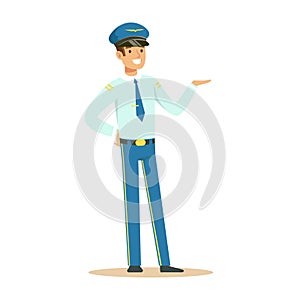Captain of airplane stands on isolated white background