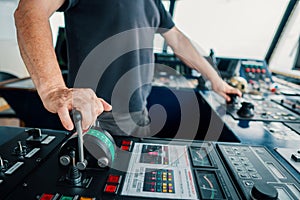 Captain of deck Officer on bridge of vessel or ship during navigaton watch at sea